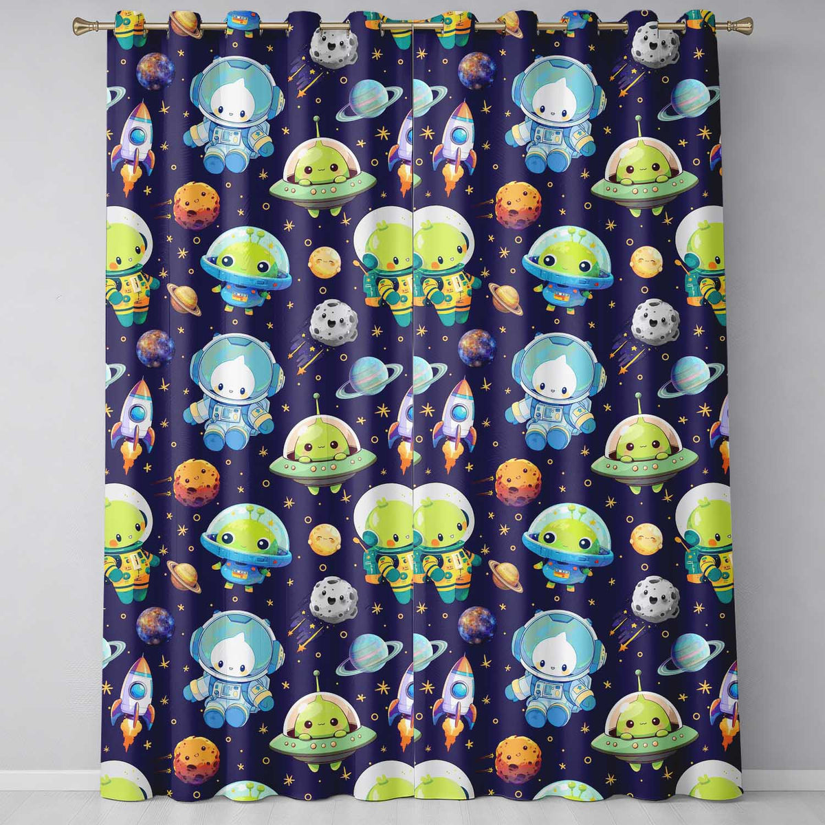Space Astronaut Alien UFO Seamless  Purple Background Fun Kids Design  Readymade Eyelet Ring Top Thermal 100% Blackout Curtains