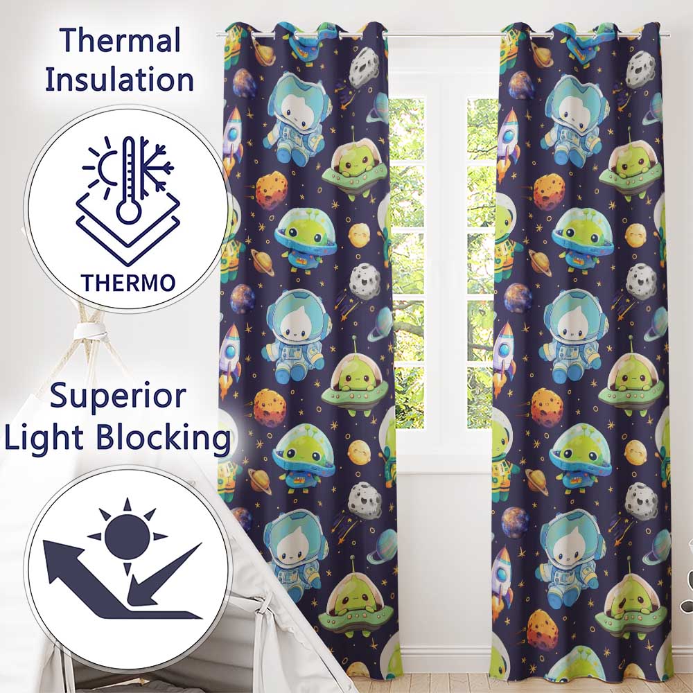 Space Astronaut Alien UFO Seamless  Purple Background Fun Kids Design  Readymade Eyelet Ring Top Thermal 100% Blackout Curtains