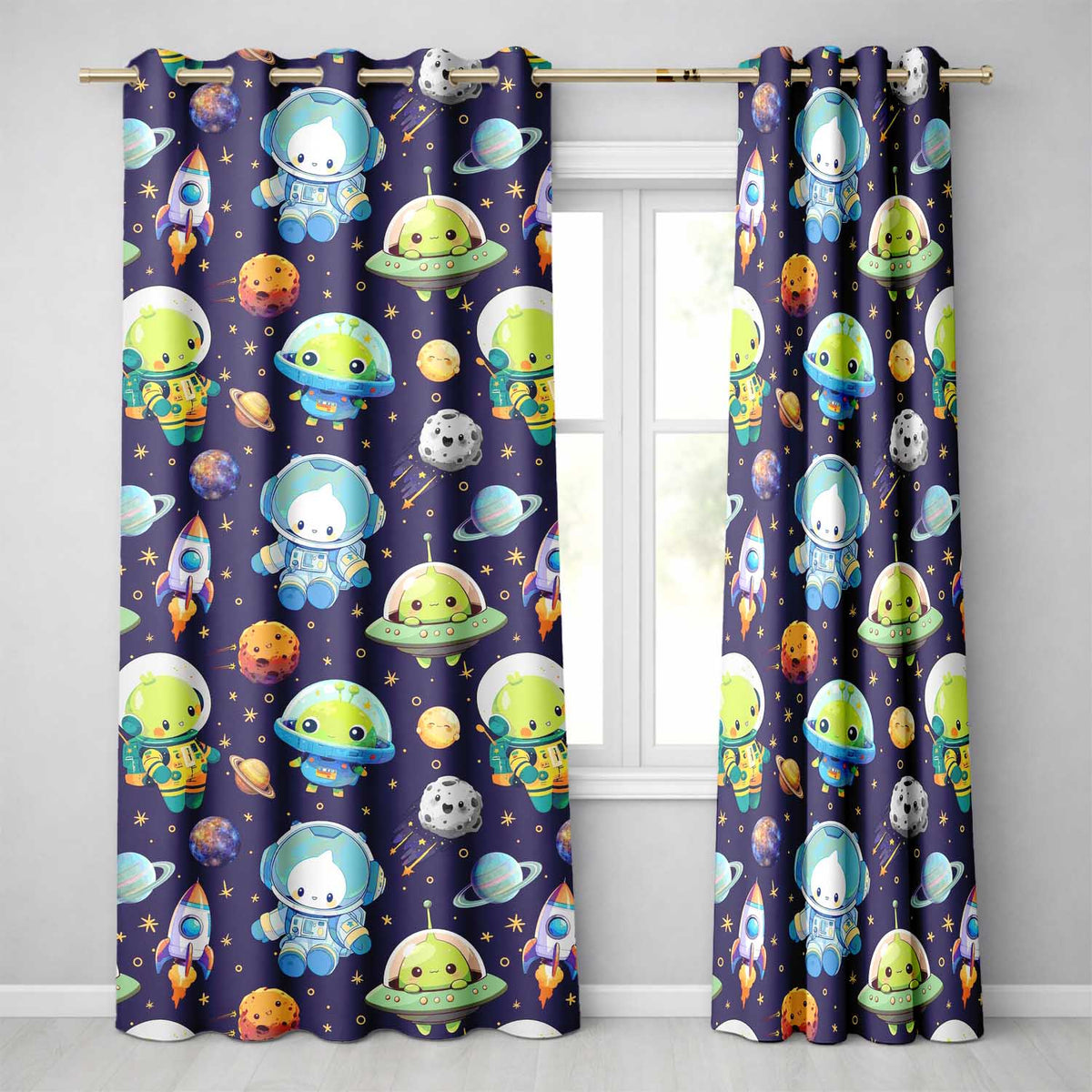 Space Astronaut Alien UFO Seamless  Purple Background Fun Kids Design  Readymade Eyelet Ring Top Thermal 100% Blackout Curtains