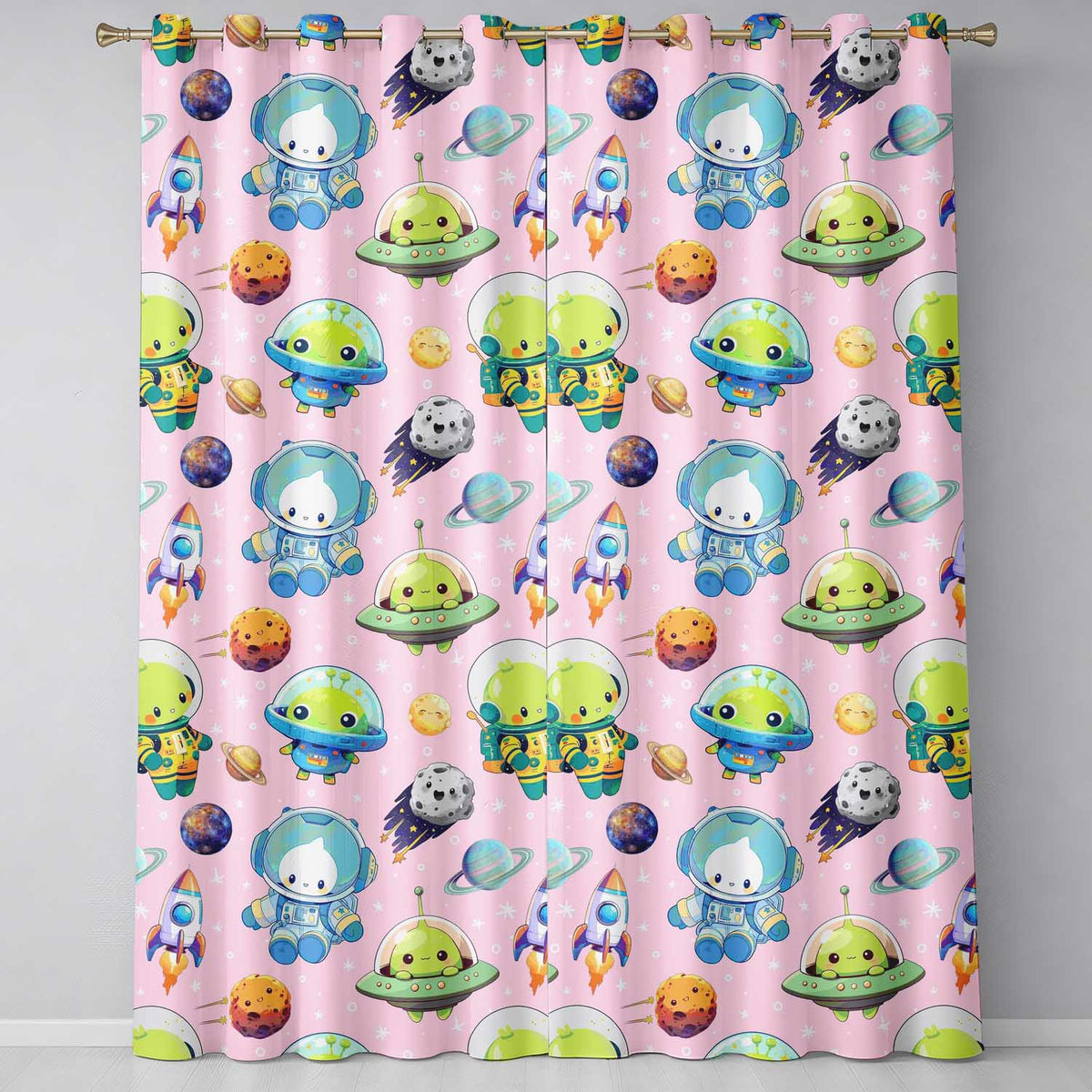 Space Astronaut Alien UFO Seamless  Soft Pink Background Fun Kids Design  Readymade Eyelet Ring Top Thermal 100% Blackout Curtains