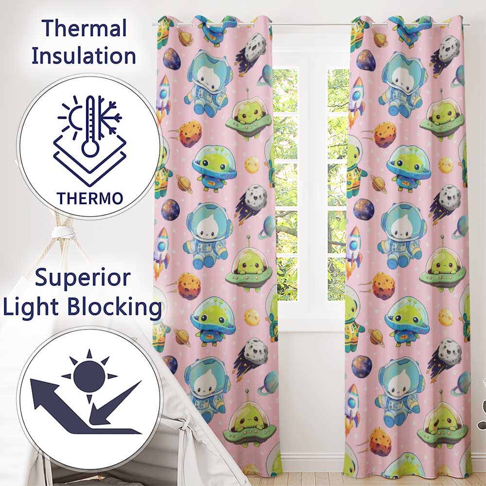 Space Astronaut Alien UFO Seamless  Soft Pink Background Fun Kids Design  Readymade Eyelet Ring Top Thermal 100% Blackout Curtains