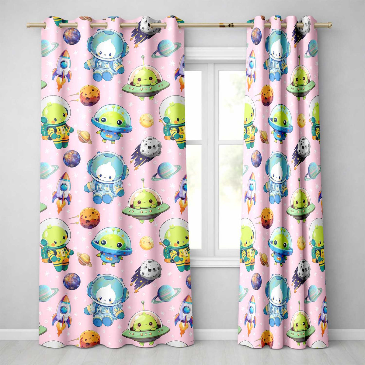 Space Astronaut Alien UFO Seamless  Soft Pink Background Fun Kids Design  Readymade Eyelet Ring Top Thermal 100% Blackout Curtains