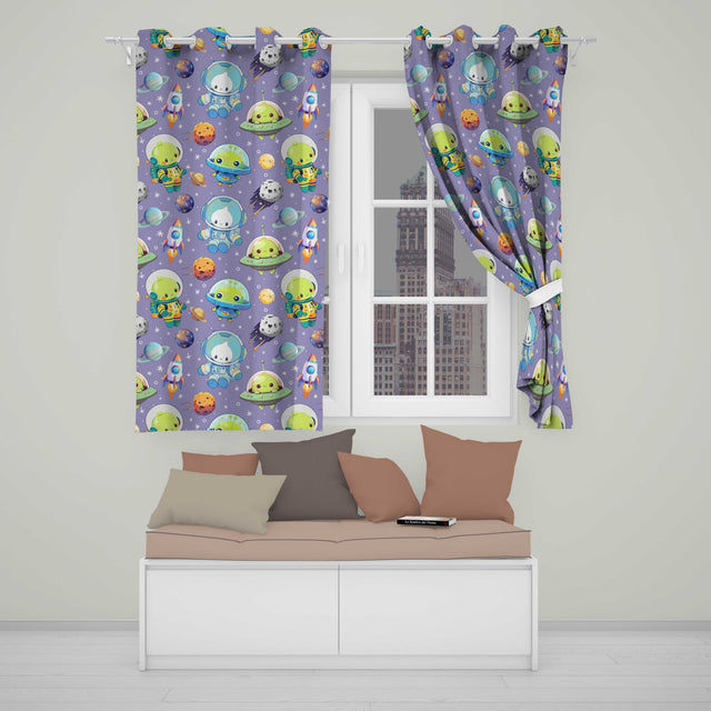 Space Astronaut Alien UFO Seamless  Purple Background Fun Kids Design  Readymade Eyelet Ring Top Thermal 100% Blackout Curtains