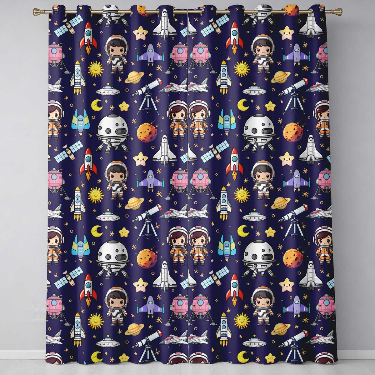 Space Astronaut Rockets UFO Telescope Seamless  Purple Background  Readymade Eyelet Ring Top Thermal 100% Blackout Curtains