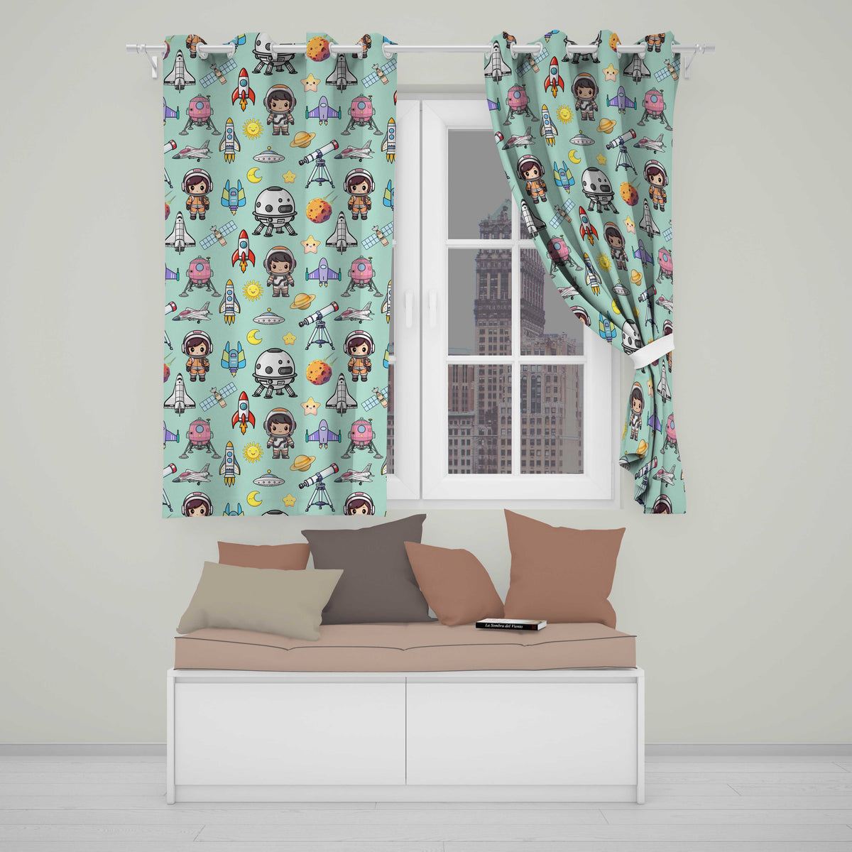 Space Astronaut Rockets UFO Telescope Seamless  Mint Green Background  Readymade Eyelet Ring Top Thermal 100% Blackout Curtains