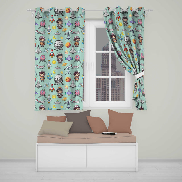 Space Astronaut Rockets UFO Telescope Seamless  Mint Green Background  Readymade Eyelet Ring Top Thermal 100% Blackout Curtains