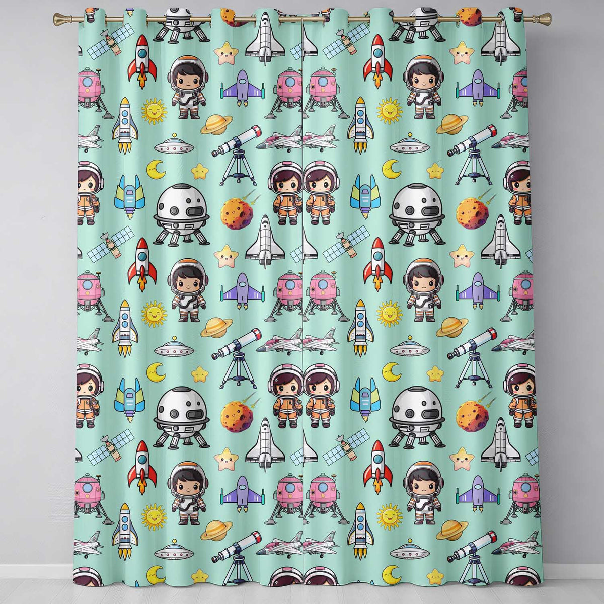 Space Astronaut Rockets UFO Telescope Seamless  Mint Green Background  Readymade Eyelet Ring Top Thermal 100% Blackout Curtains