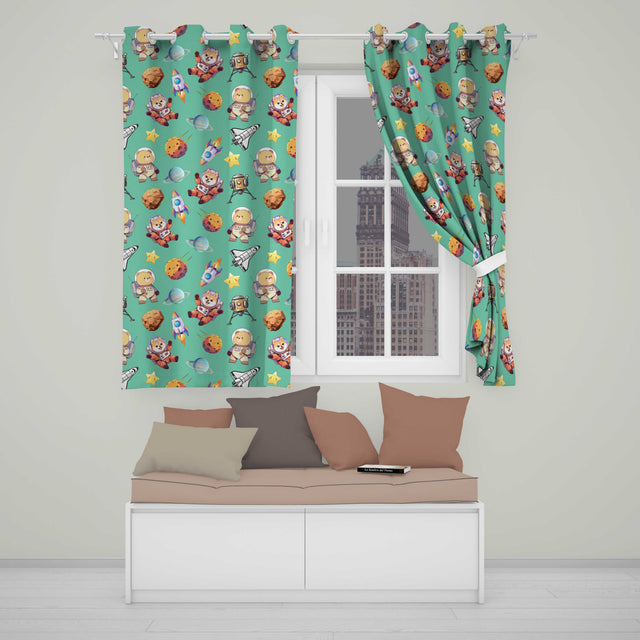 Space Dog Bear Astronaut Rockets Planets Seamless  Green Background  Readymade Eyelet Ring Top Thermal 100% Blackout Curtains