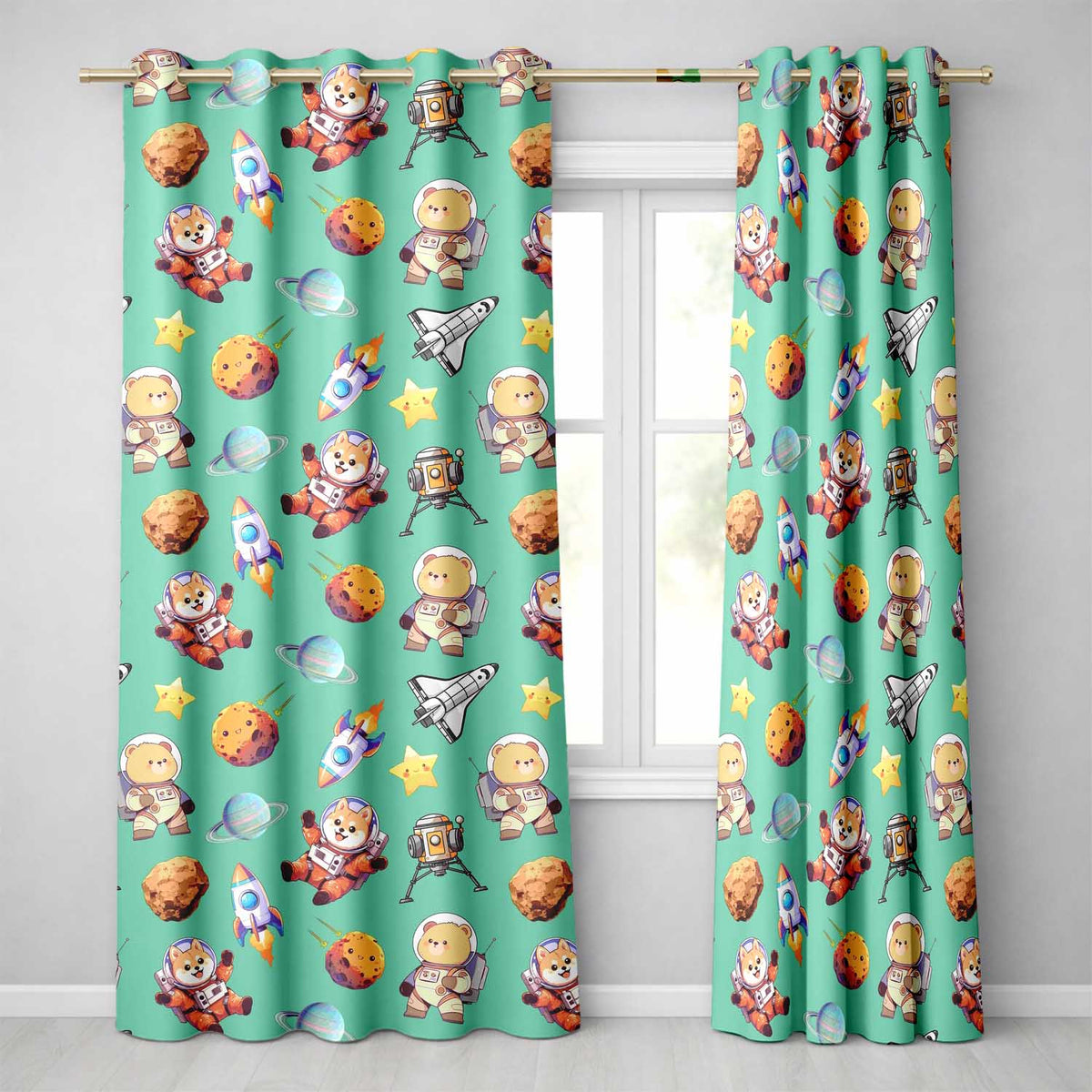 Space Dog Bear Astronaut Rockets Planets Seamless  Green Background  Readymade Eyelet Ring Top Thermal 100% Blackout Curtains