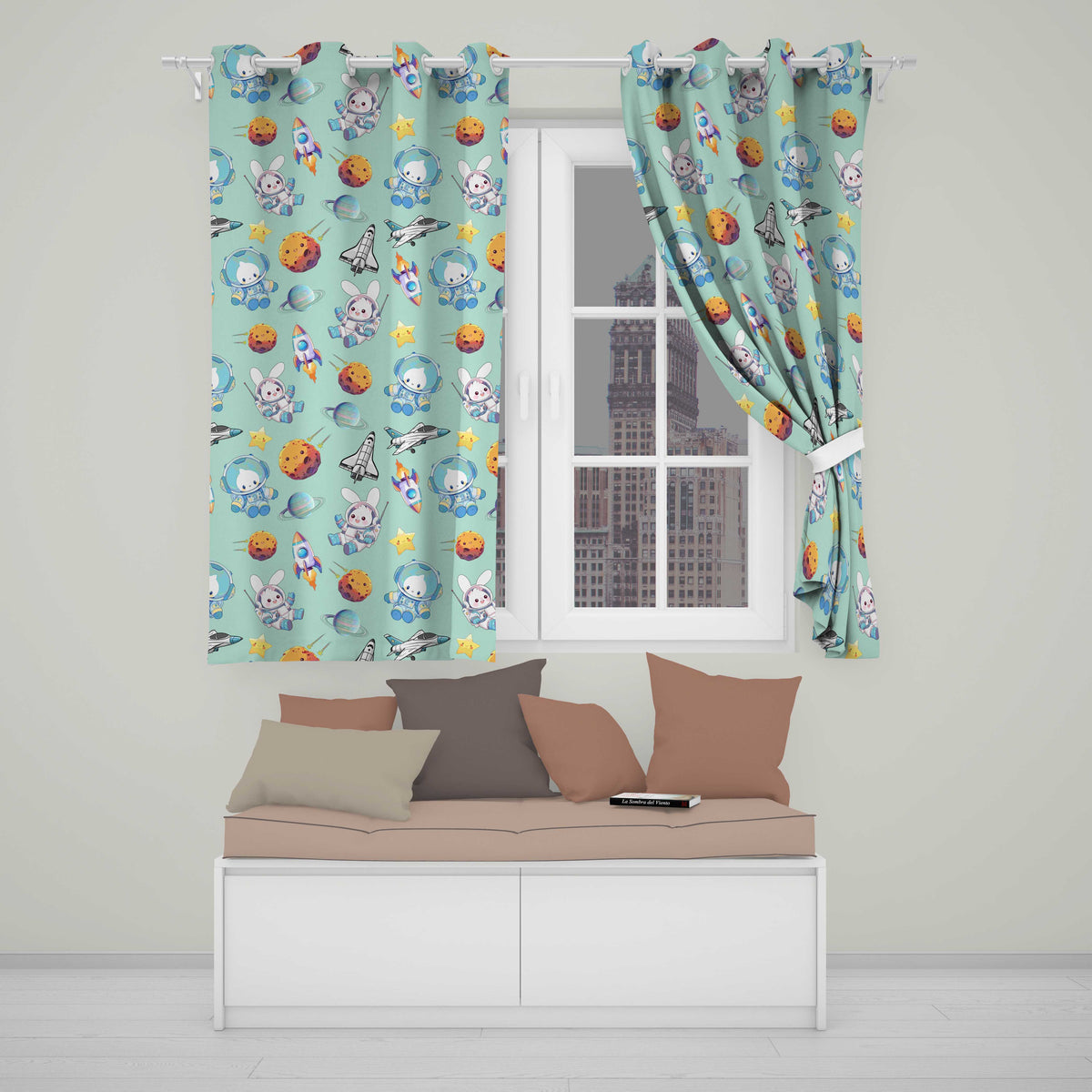 Space Bunny Cat Astronaut Rockets Planets Seamless  Teal Background  Readymade Eyelet Ring Top Thermal 100% Blackout Curtains