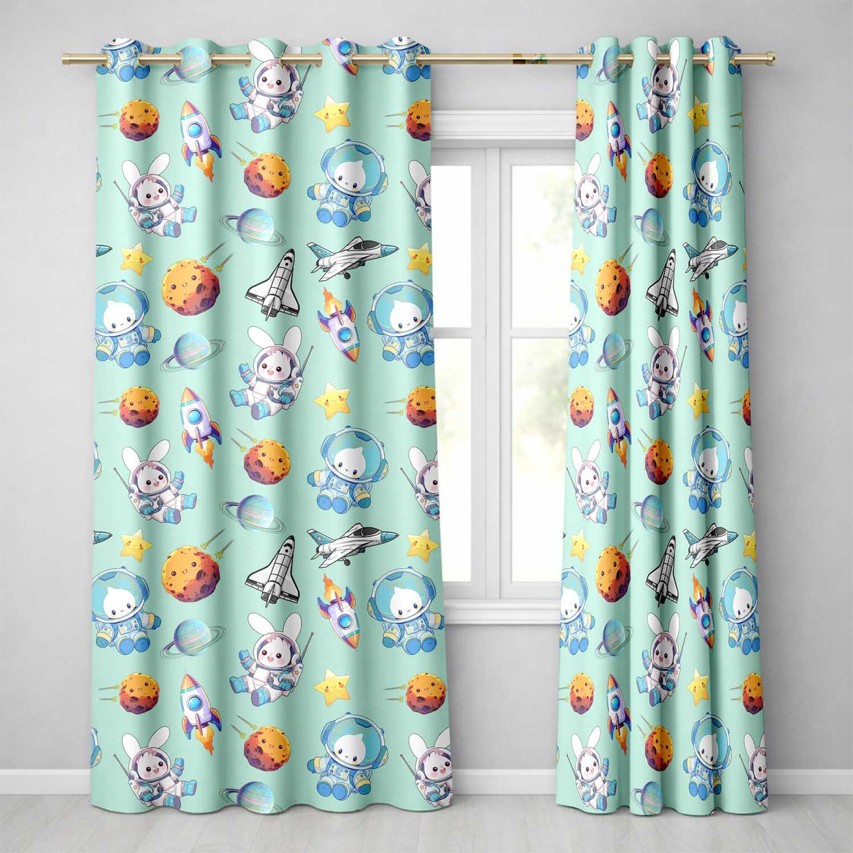 Space Bunny Cat Astronaut Rockets Planets Seamless  Teal Background  Readymade Eyelet Ring Top Thermal 100% Blackout Curtains