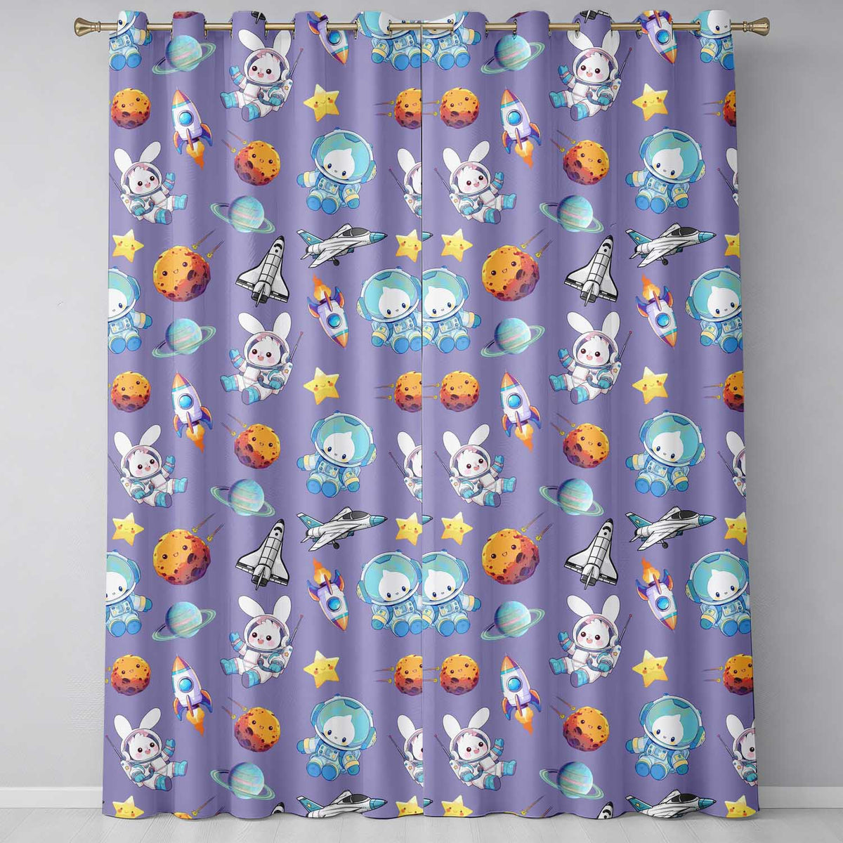 Space Bunny Cat Astronaut Rockets Planets Seamless  Purple Background  Readymade Eyelet Ring Top Thermal 100% Blackout Curtains