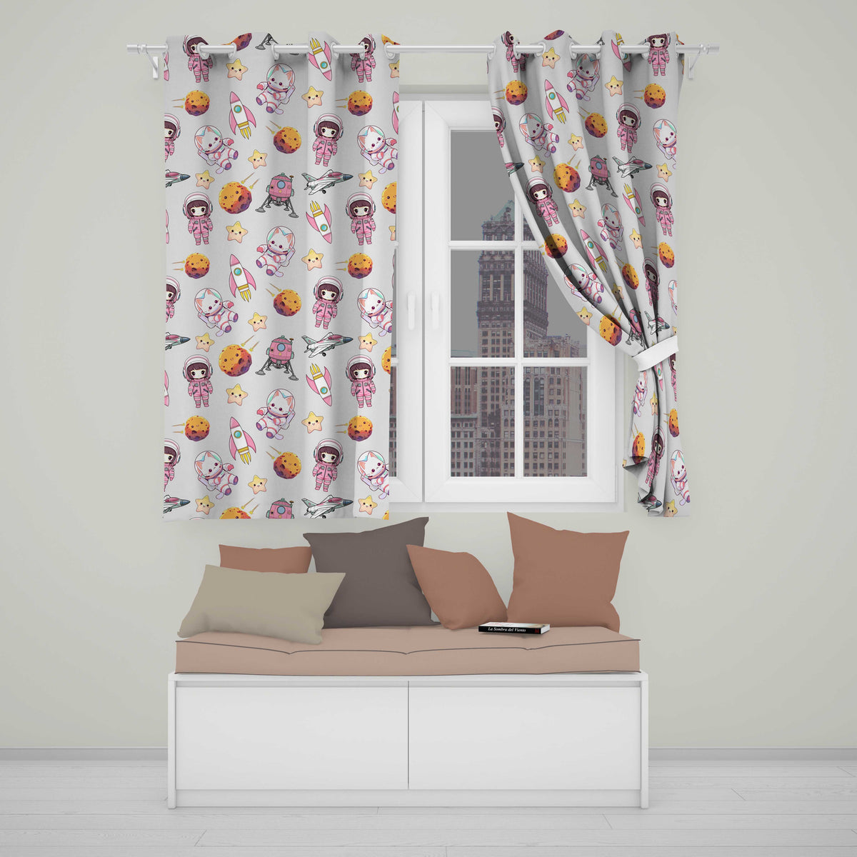 Space Cat Astronaut Girl Rockets Stars Seamless  Cream Background  Readymade Eyelet Ring Top Thermal 100% Blackout Curtains