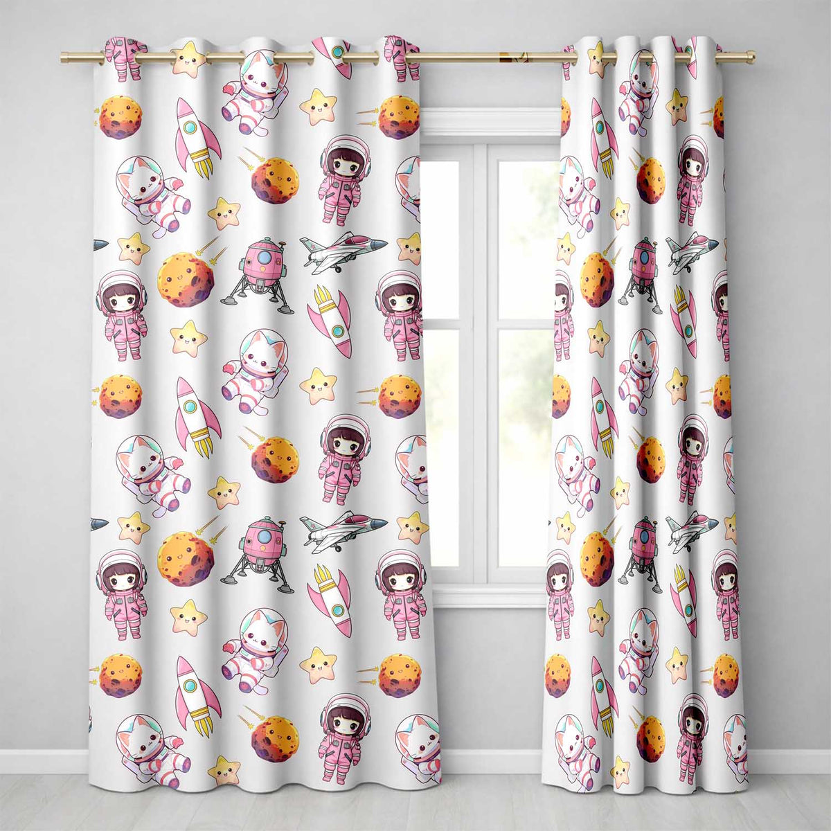 Space Cat Astronaut Girl Rockets Stars Seamless  Cream Background  Readymade Eyelet Ring Top Thermal 100% Blackout Curtains