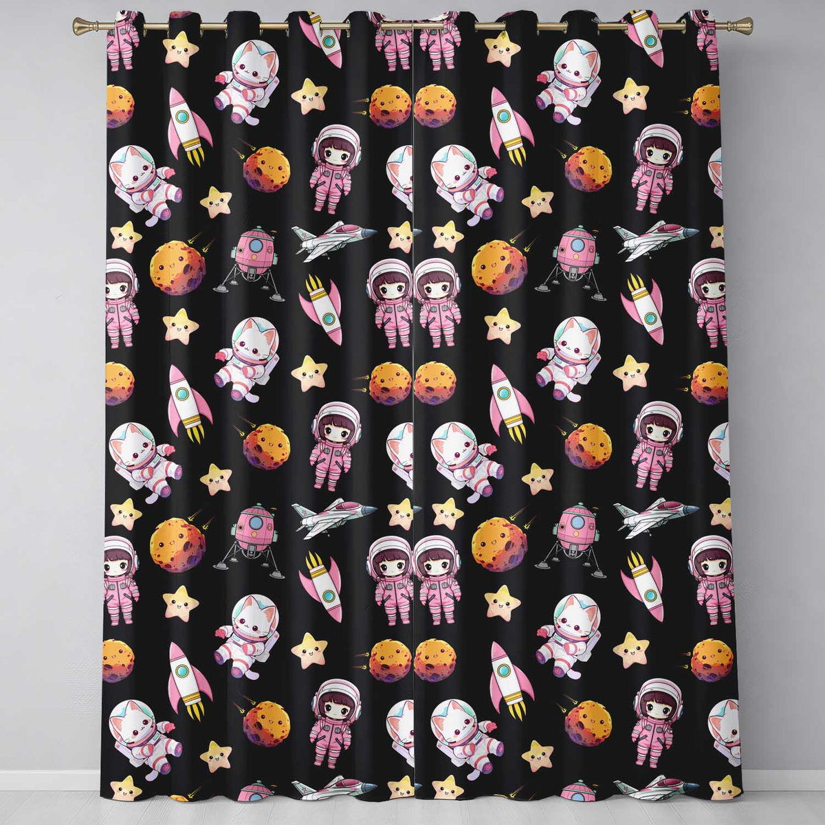 Space Cat Astronaut Girl Rockets Stars Seamless  Black Background  Readymade Eyelet Ring Top Thermal 100% Blackout Curtains