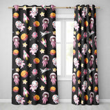 Space Cat Astronaut Girl Rockets Stars Seamless  Black Background  Readymade Eyelet Ring Top Thermal 100% Blackout Curtains