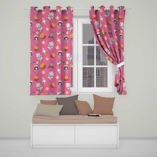 Space Cat Astronaut Girl Rockets Stars Seamless  Pink Background  Readymade Eyelet Ring Top Thermal 100% Blackout Curtains