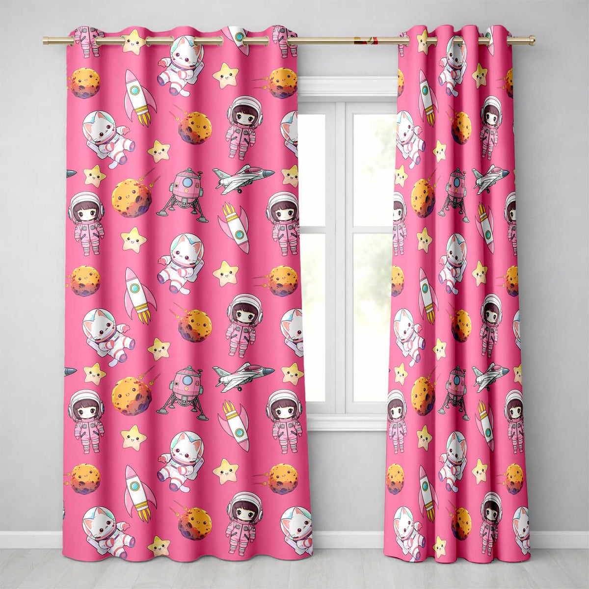 Space Cat Astronaut Girl Rockets Stars Seamless  Pink Background  Readymade Eyelet Ring Top Thermal 100% Blackout Curtains