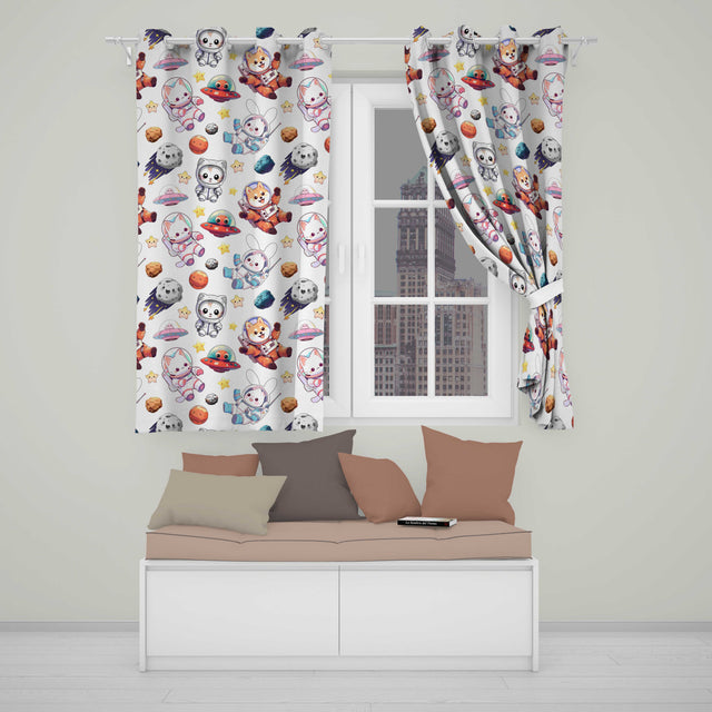 Space Animals Astronaut Dog Bunny UFO Stars Seamless  Cream Background  Readymade Eyelet Ring Top Thermal 100% Blackout Curtains