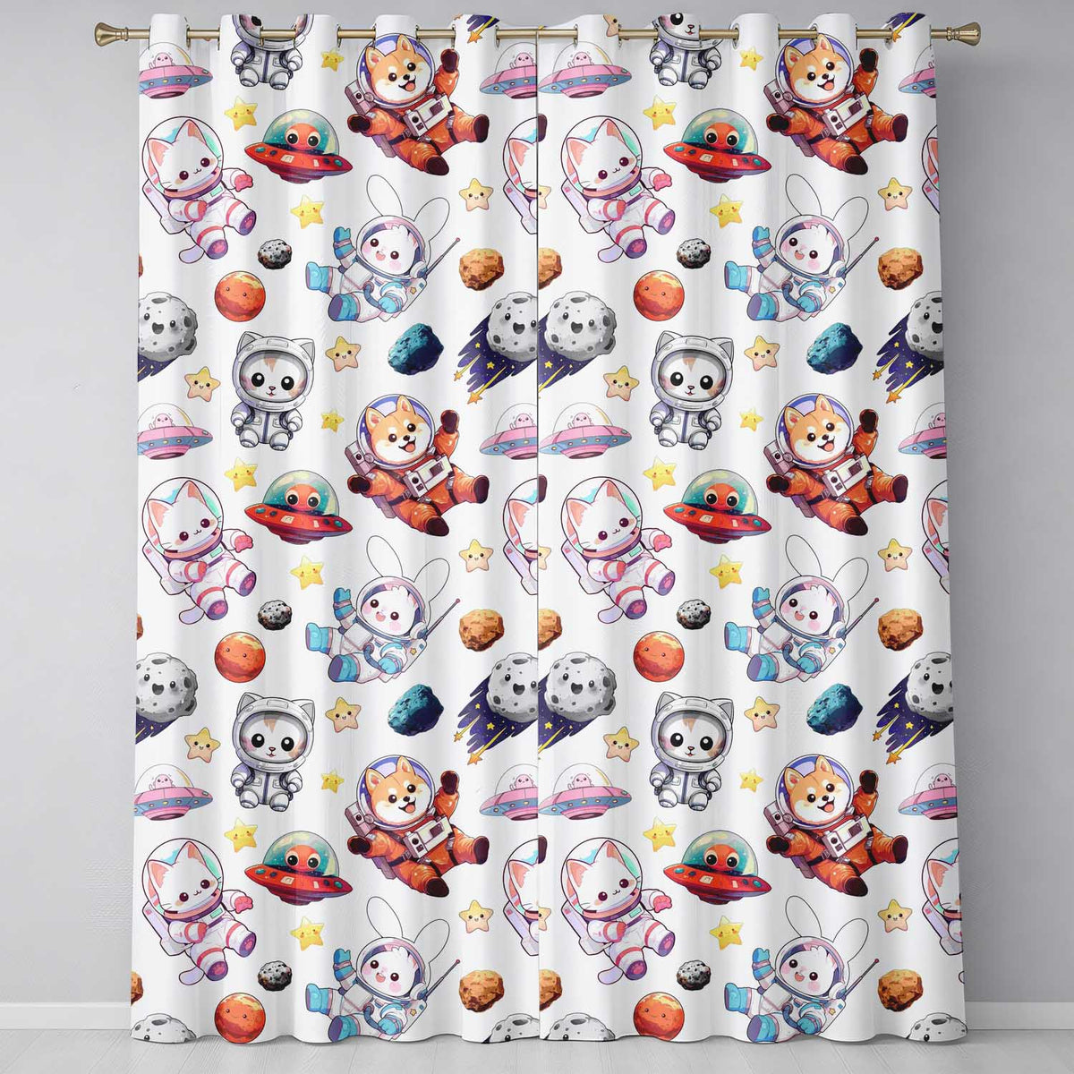 Space Animals Astronaut Dog Bunny UFO Stars Seamless  Cream Background  Readymade Eyelet Ring Top Thermal 100% Blackout Curtains