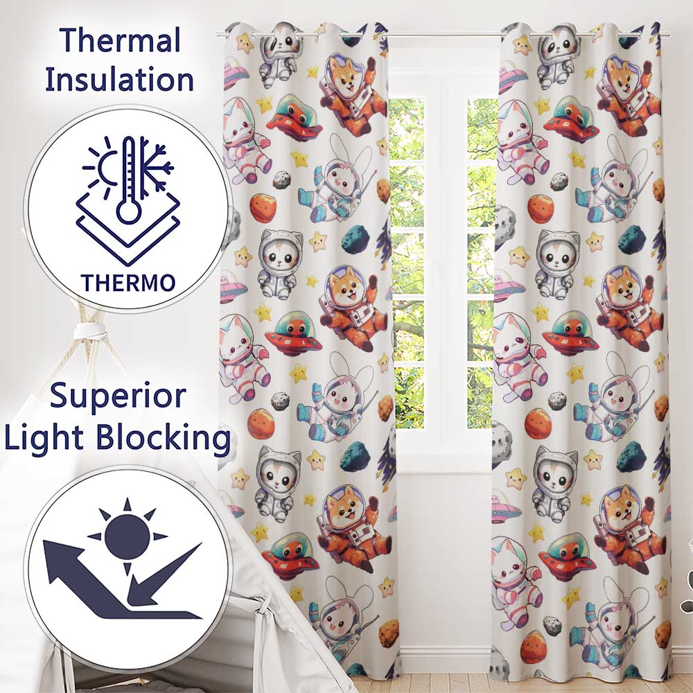 Space Animals Astronaut Dog Bunny UFO Stars Seamless  Cream Background  Readymade Eyelet Ring Top Thermal 100% Blackout Curtains