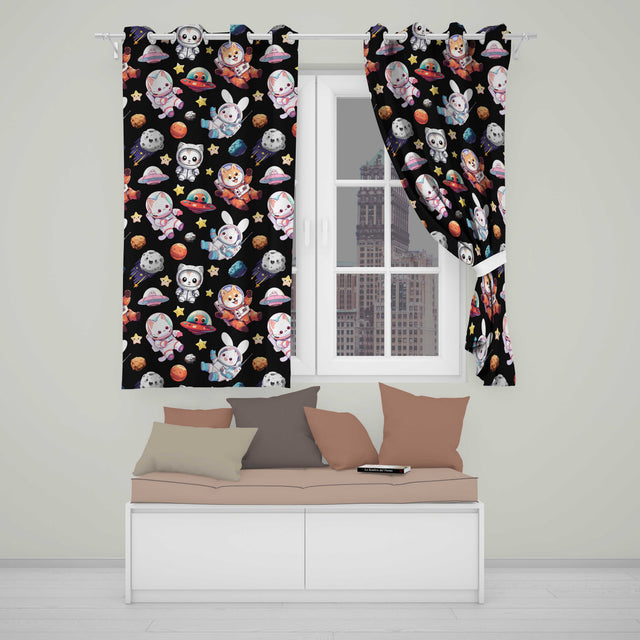 Space Animals Astronaut Dog Bunny UFO Stars Seamless  Black Background  Readymade Eyelet Ring Top Thermal 100% Blackout Curtains