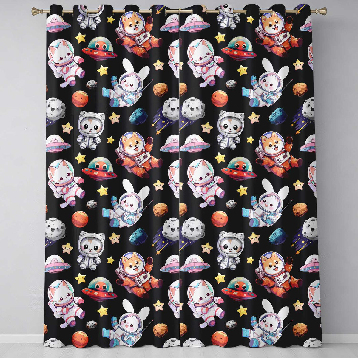 Space Animals Astronaut Dog Bunny UFO Stars Seamless  Black Background  Readymade Eyelet Ring Top Thermal 100% Blackout Curtains