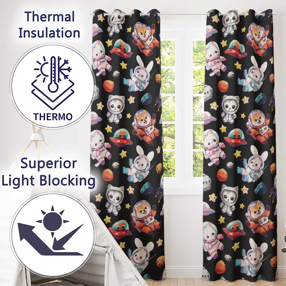 Space Animals Astronaut Dog Bunny UFO Stars Seamless  Black Background  Readymade Eyelet Ring Top Thermal 100% Blackout Curtains