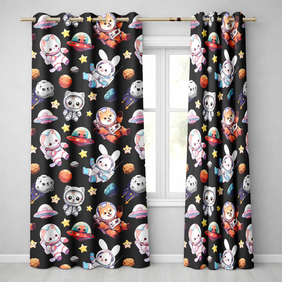 Space Animals Astronaut Dog Bunny UFO Stars Seamless  Black Background  Readymade Eyelet Ring Top Thermal 100% Blackout Curtains