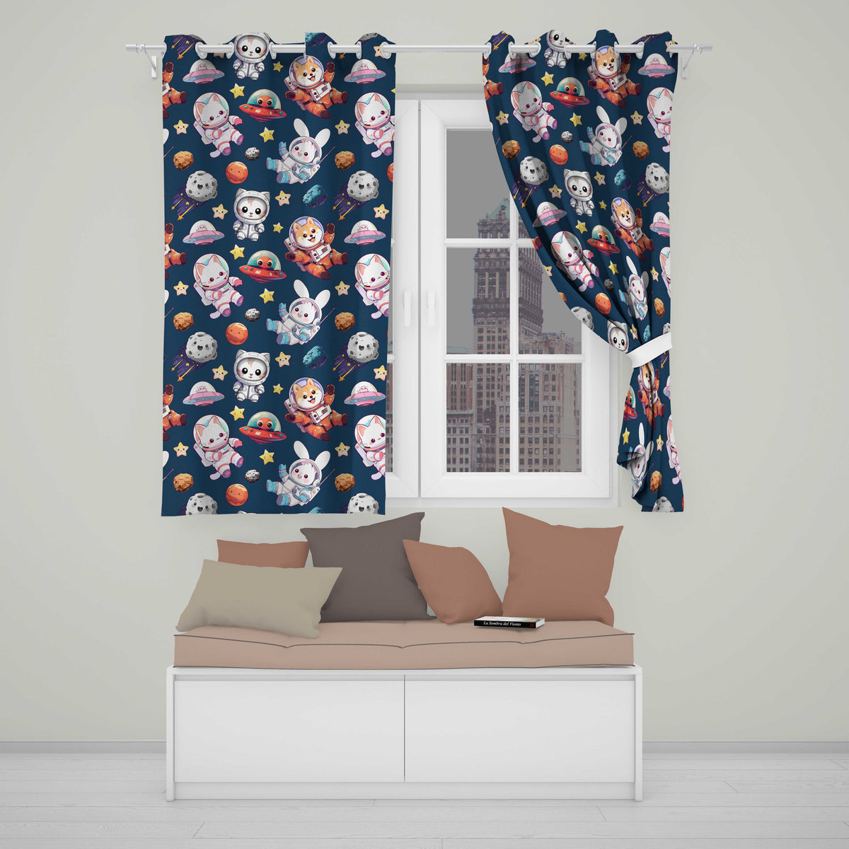 Space Animals Astronaut Dog Bunny UFO Stars Seamless  Navy Background  Readymade Eyelet Ring Top Thermal 100% Blackout Curtains