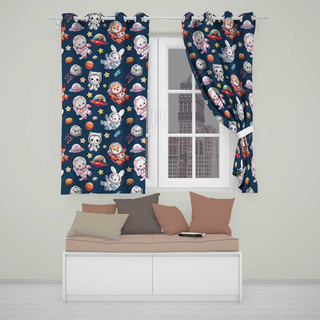 Space Animals Astronaut Dog Bunny UFO Stars Seamless  Navy Background  Readymade Eyelet Ring Top Thermal 100% Blackout Curtains