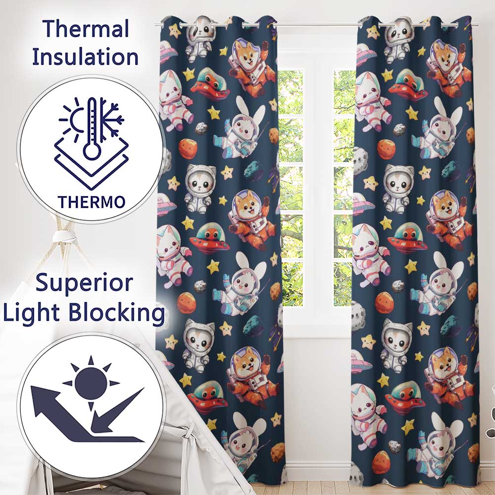 Space Animals Astronaut Dog Bunny UFO Stars Seamless  Navy Background  Readymade Eyelet Ring Top Thermal 100% Blackout Curtains