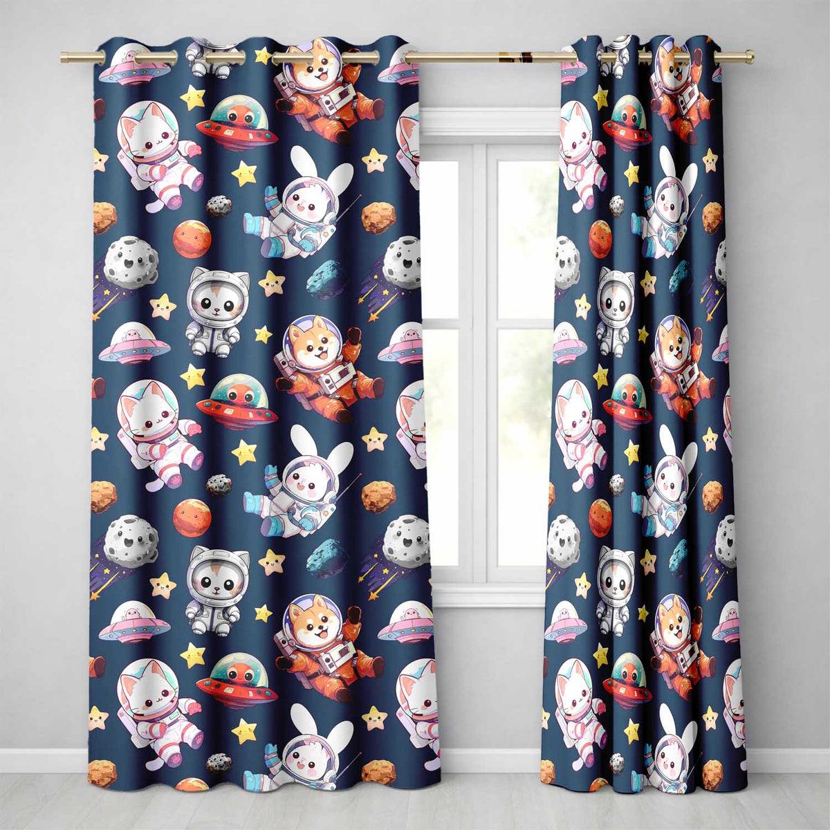Space Animals Astronaut Dog Bunny UFO Stars Seamless  Navy Background  Readymade Eyelet Ring Top Thermal 100% Blackout Curtains