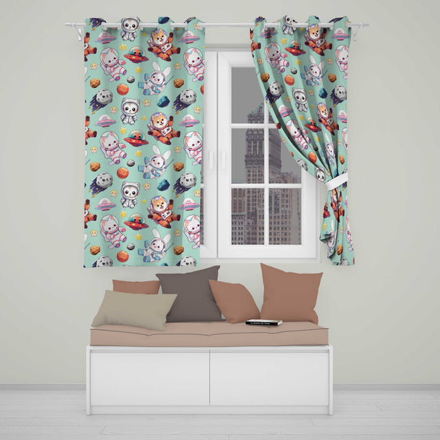 Space Animals Astronaut Dog Bunny UFO Stars Seamless  Mint Background  Readymade Eyelet Ring Top Thermal 100% Blackout Curtains