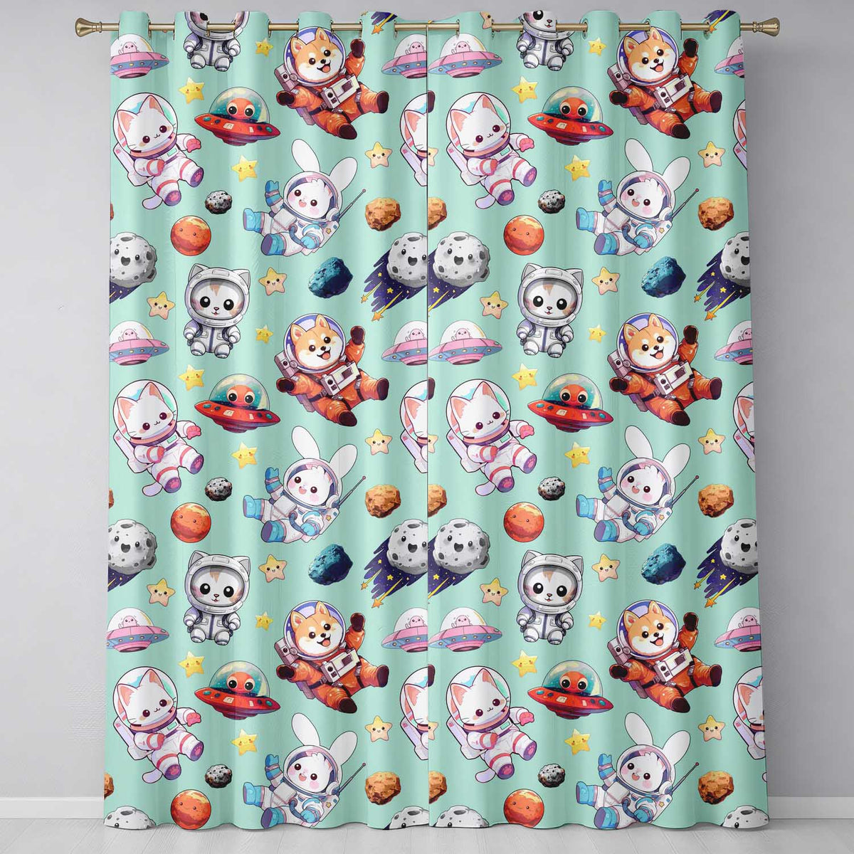 Space Animals Astronaut Dog Bunny UFO Stars Seamless  Mint Background  Readymade Eyelet Ring Top Thermal 100% Blackout Curtains