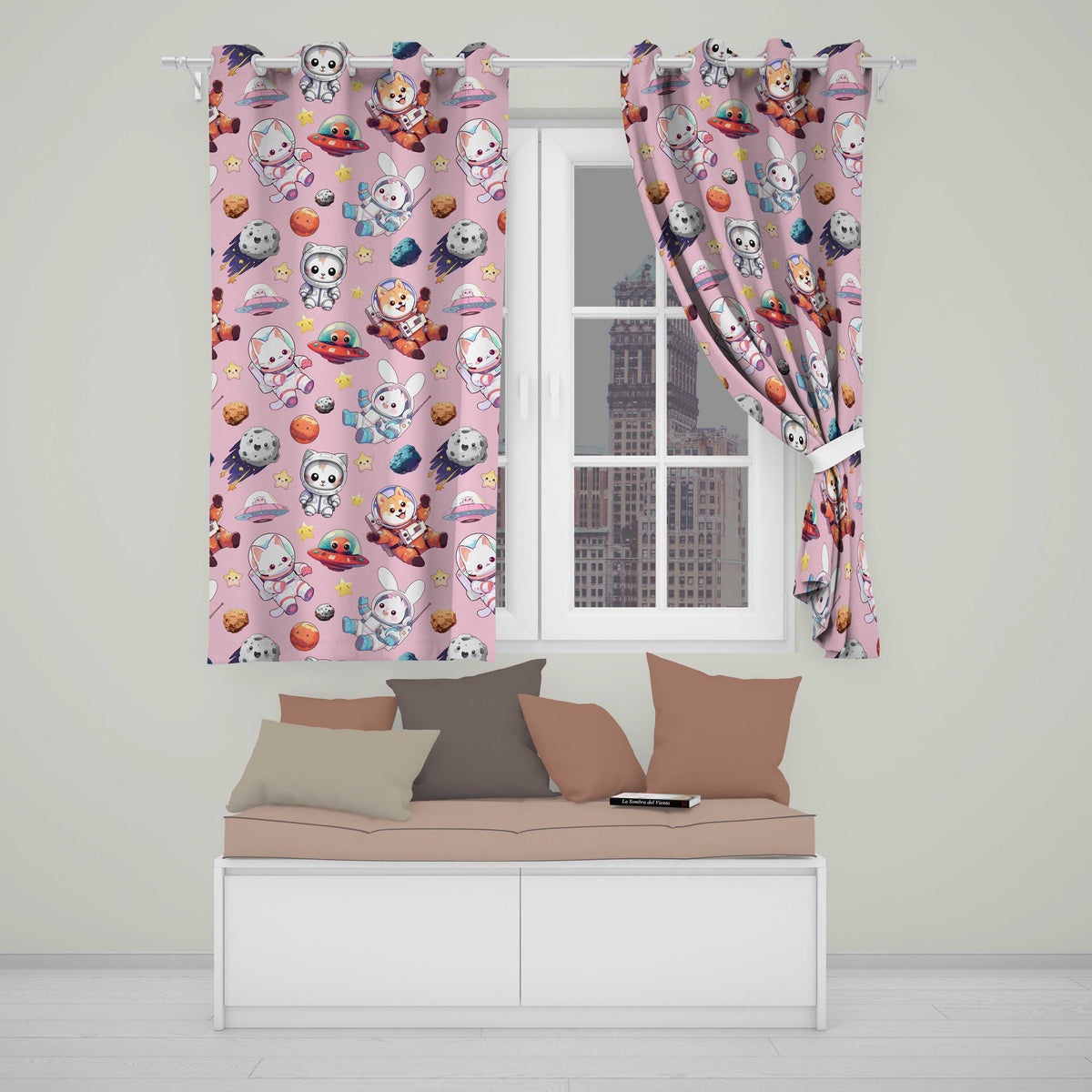 Space Animals Astronaut Dog Bunny UFO Stars Seamless  Soft Pink Background  Readymade Eyelet Ring Top Thermal 100% Blackout Curtains