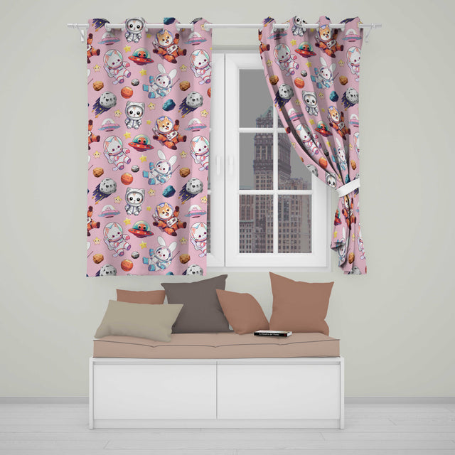 Space Animals Astronaut Dog Bunny UFO Stars Seamless  Soft Pink Background  Readymade Eyelet Ring Top Thermal 100% Blackout Curtains