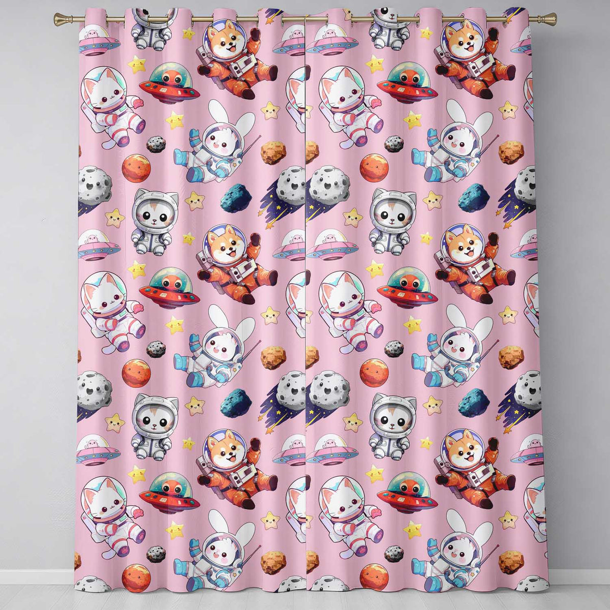 Space Animals Astronaut Dog Bunny UFO Stars Seamless  Soft Pink Background  Readymade Eyelet Ring Top Thermal 100% Blackout Curtains