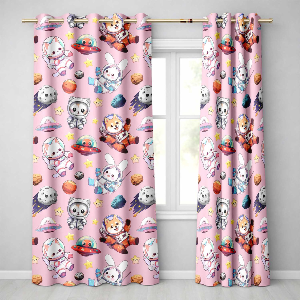 Space Animals Astronaut Dog Bunny UFO Stars Seamless  Soft Pink Background  Readymade Eyelet Ring Top Thermal 100% Blackout Curtains