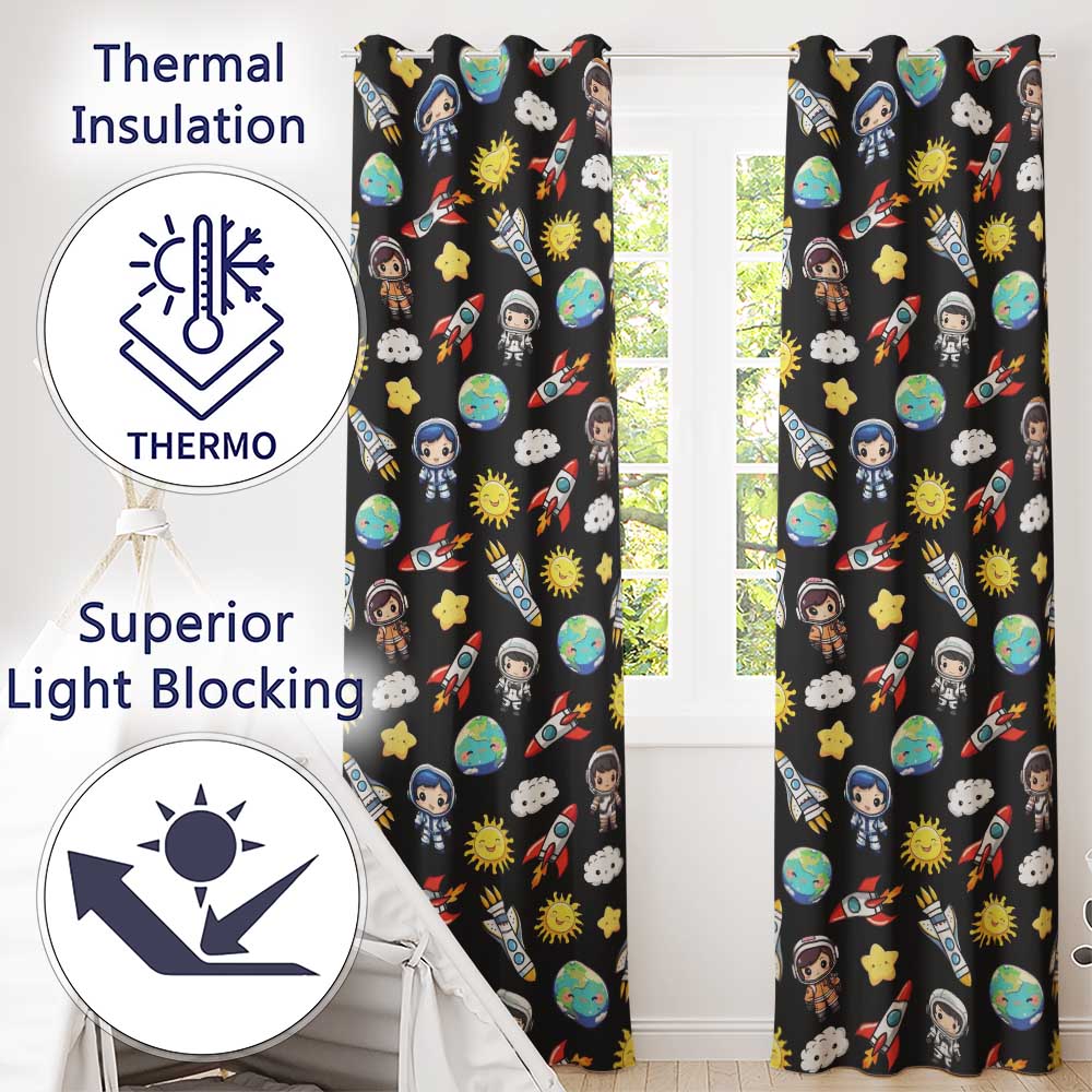 Cute Cartoon Space Rocket Astronaut Sun Earth Clouds Seamless  Black Background  Readymade Eyelet Ring Top Thermal 100% Blackout Curtains