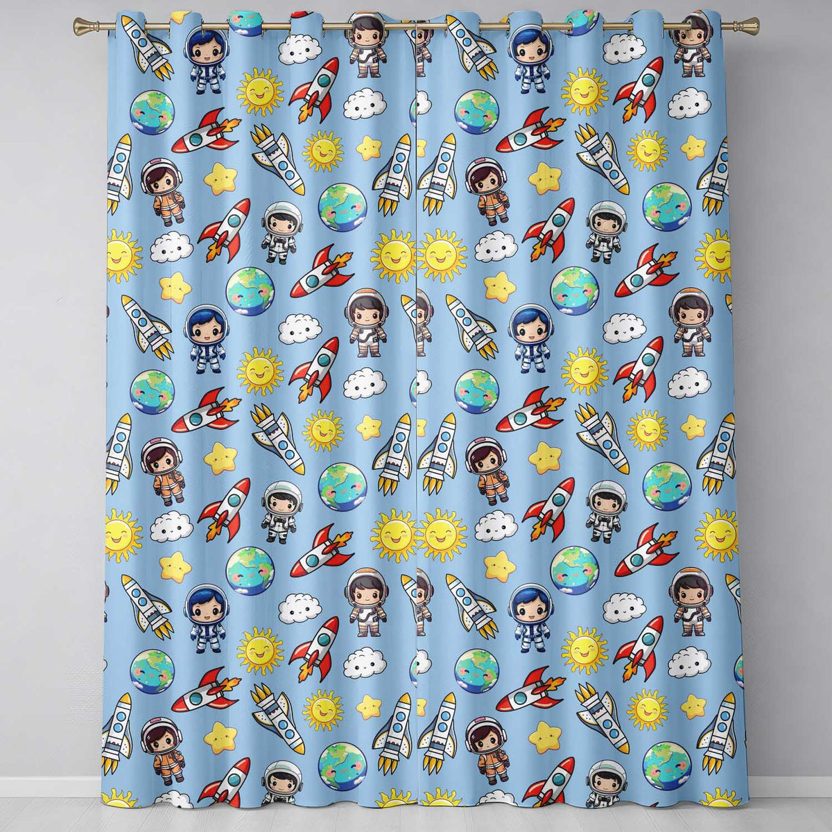 Cute Cartoon Space Rockets Sun Earth Clouds Stars Seamless  Blue Background  Readymade Eyelet Ring Top Thermal 100% Blackout Curtains