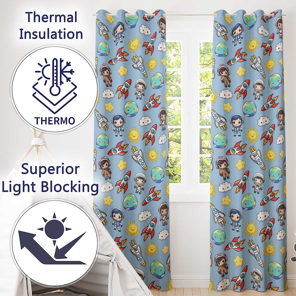 Cute Cartoon Space Rockets Sun Earth Clouds Stars Seamless  Blue Background  Readymade Eyelet Ring Top Thermal 100% Blackout Curtains