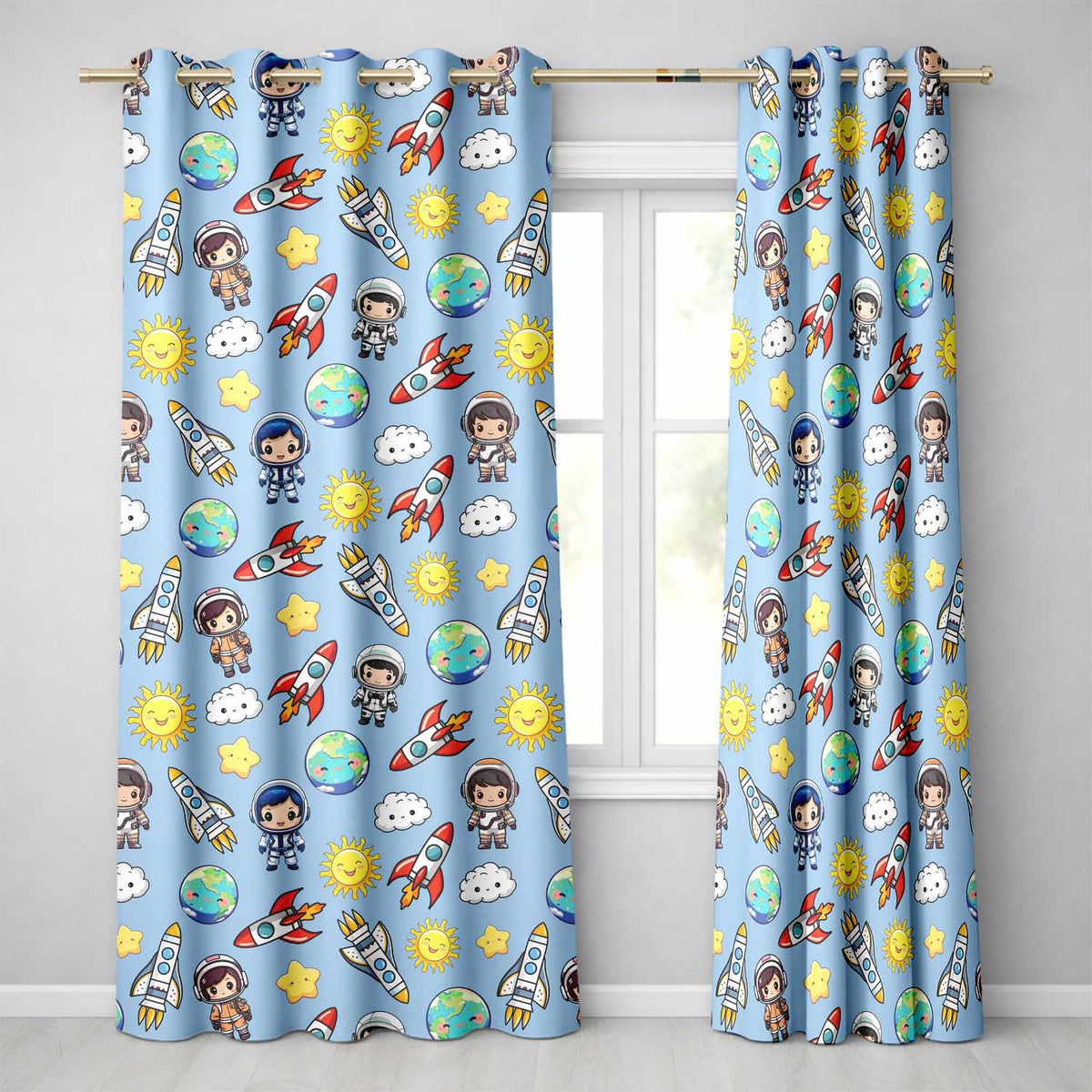Cute Cartoon Space Rockets Sun Earth Clouds Stars Seamless  Blue Background  Readymade Eyelet Ring Top Thermal 100% Blackout Curtains