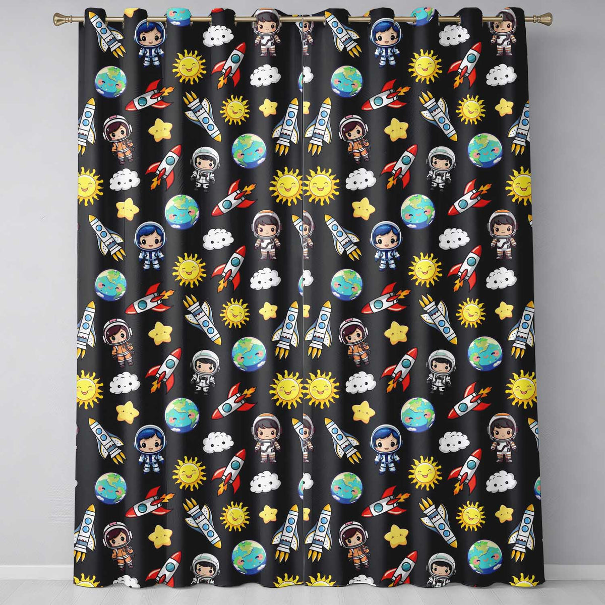 Cartoon Space Rockets  Sun Earth Clouds Stars Seamless  Dark Grey Background  Readymade Eyelet Ring Top Thermal 100% Blackout Curtains