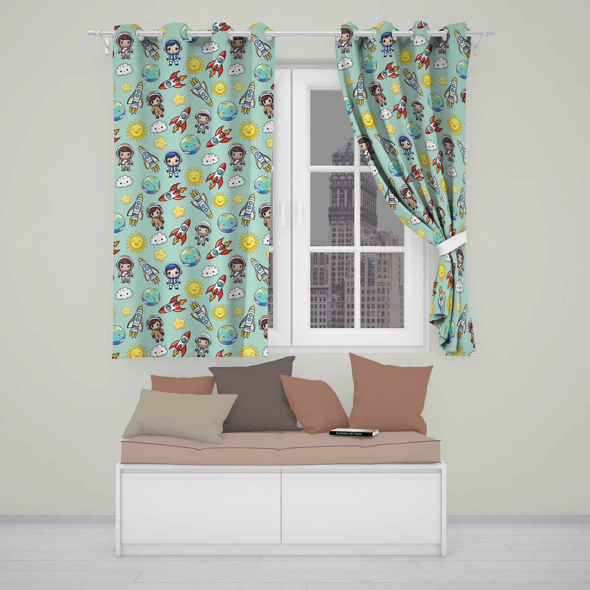 Cute Cartoon Space Rockets  Sun Earth Clouds Stars Seamless  Mint Background  Readymade Eyelet Ring Top Thermal 100% Blackout Curtains