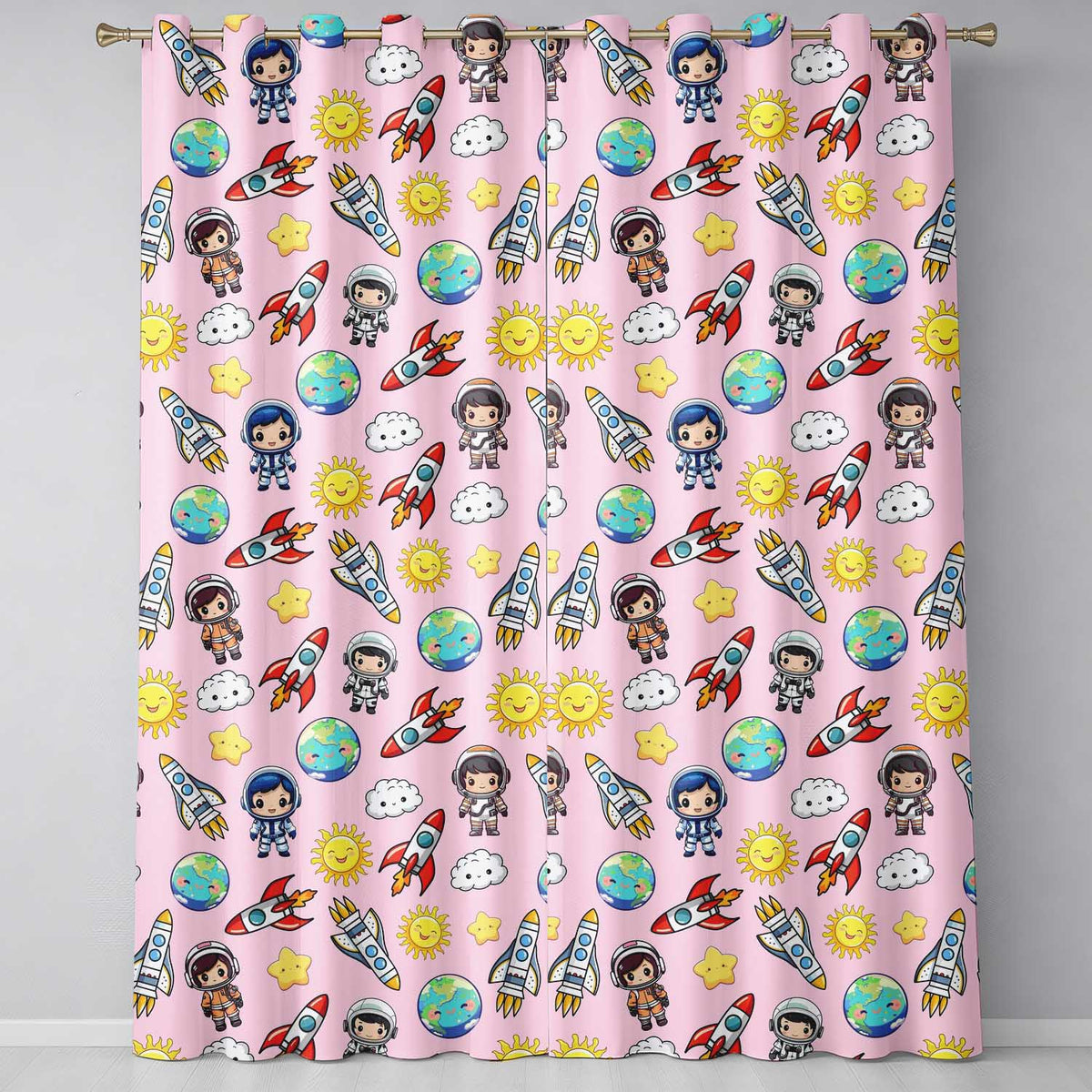 Cartoon Space Rockets  Sun Earth Clouds Stars Seamless  Blush Pink Background  Readymade Eyelet Ring Top Thermal 100% Blackout Curtains