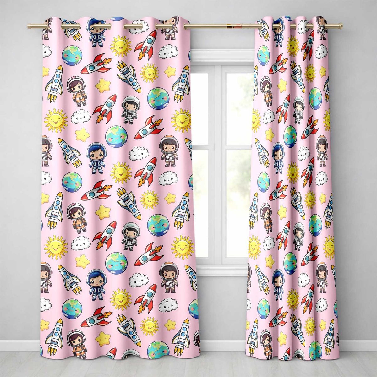 Cartoon Space Rockets  Sun Earth Clouds Stars Seamless  Blush Pink Background  Readymade Eyelet Ring Top Thermal 100% Blackout Curtains