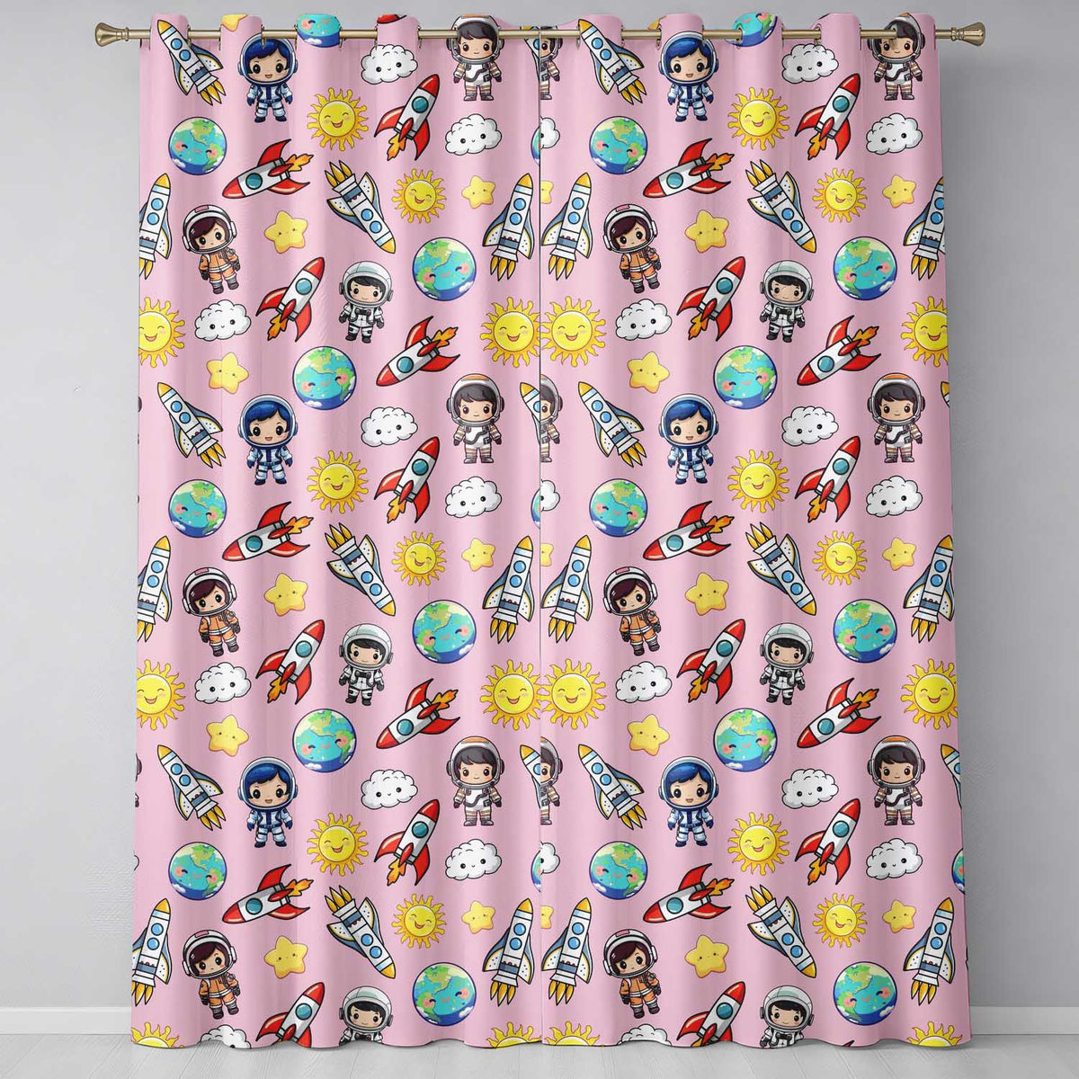 Cartoon Space Rockets  Sun Earth Clouds Stars Seamless  Soft Pink Background  Readymade Eyelet Ring Top Thermal 100% Blackout Curtains