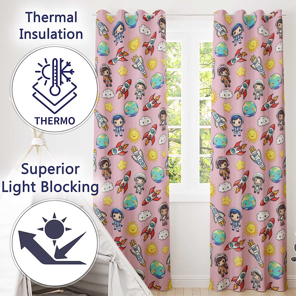 Cartoon Space Rockets  Sun Earth Clouds Stars Seamless  Soft Pink Background  Readymade Eyelet Ring Top Thermal 100% Blackout Curtains