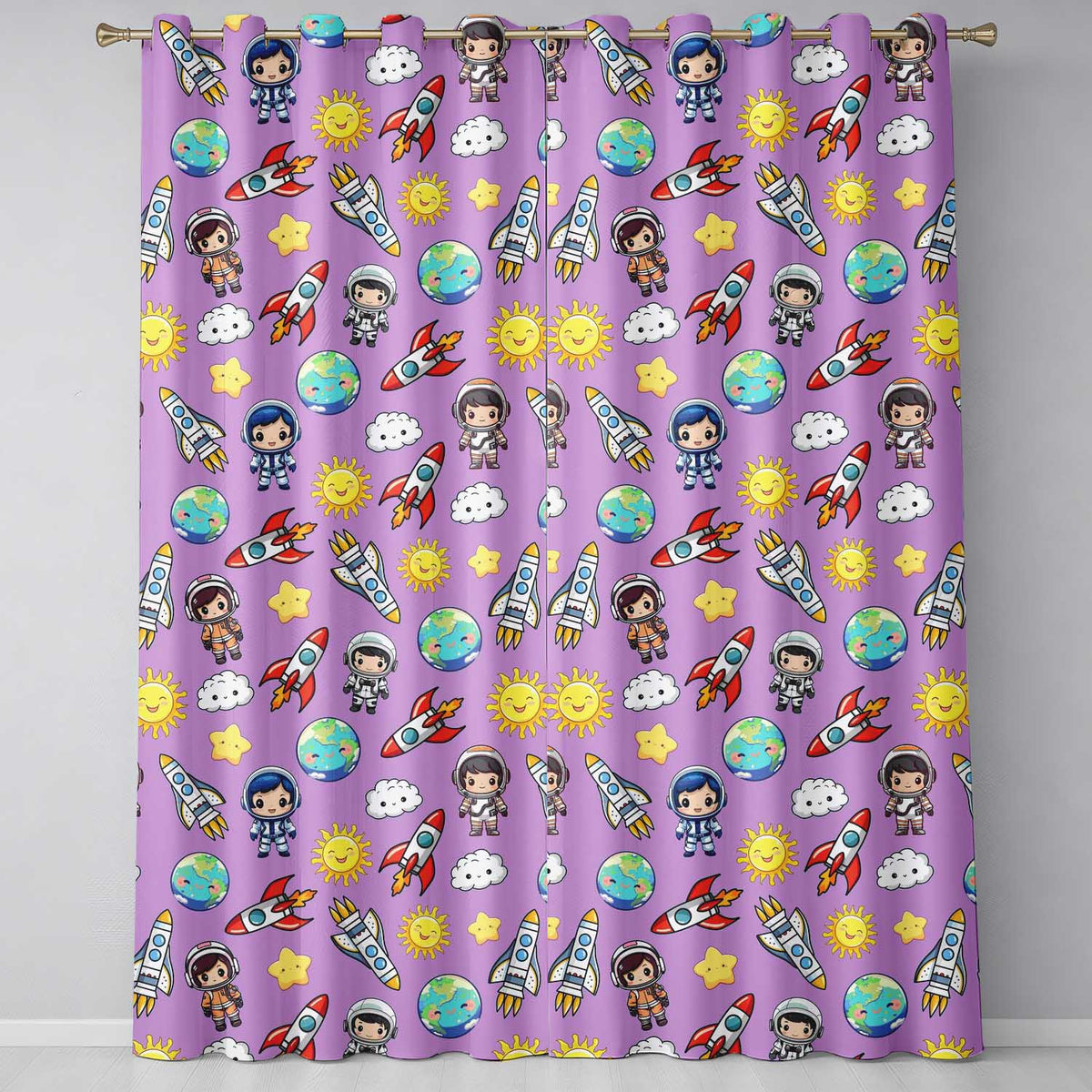 Cute Cartoon Space Rocket  Sun Earth Clouds Stars Seamless  Lavender Background  Readymade Eyelet Ring Top Thermal 100% Blackout Curtains